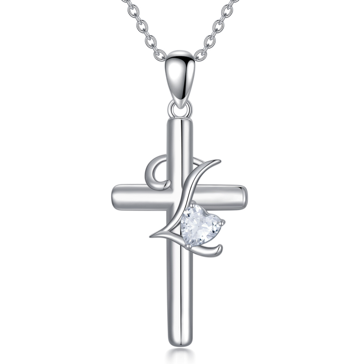 Sterling Silver Heart Shaped Cubic Zirconia Cross Pendant Necklace with Initial Letter L-1