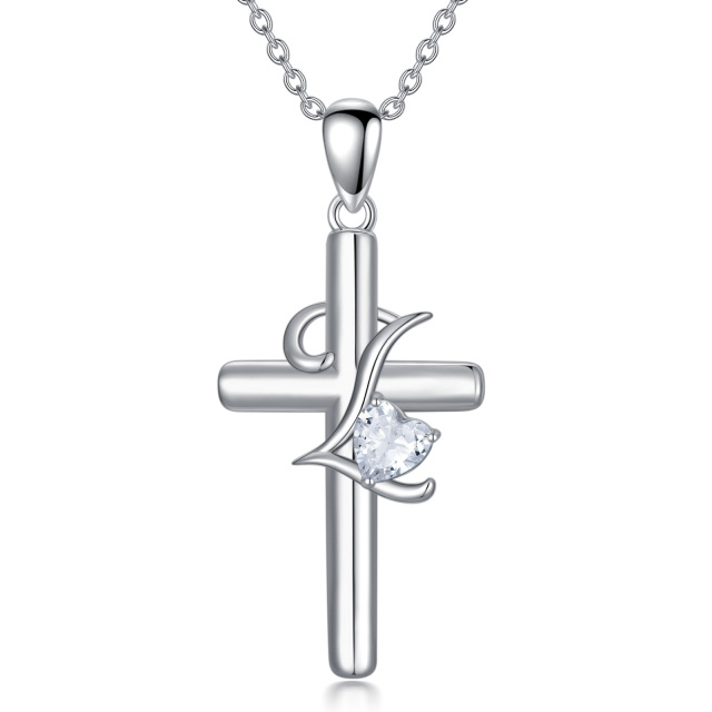 Sterling zilveren hartvormige cubic zirconia kruis hanger ketting met initiaal letter L-1