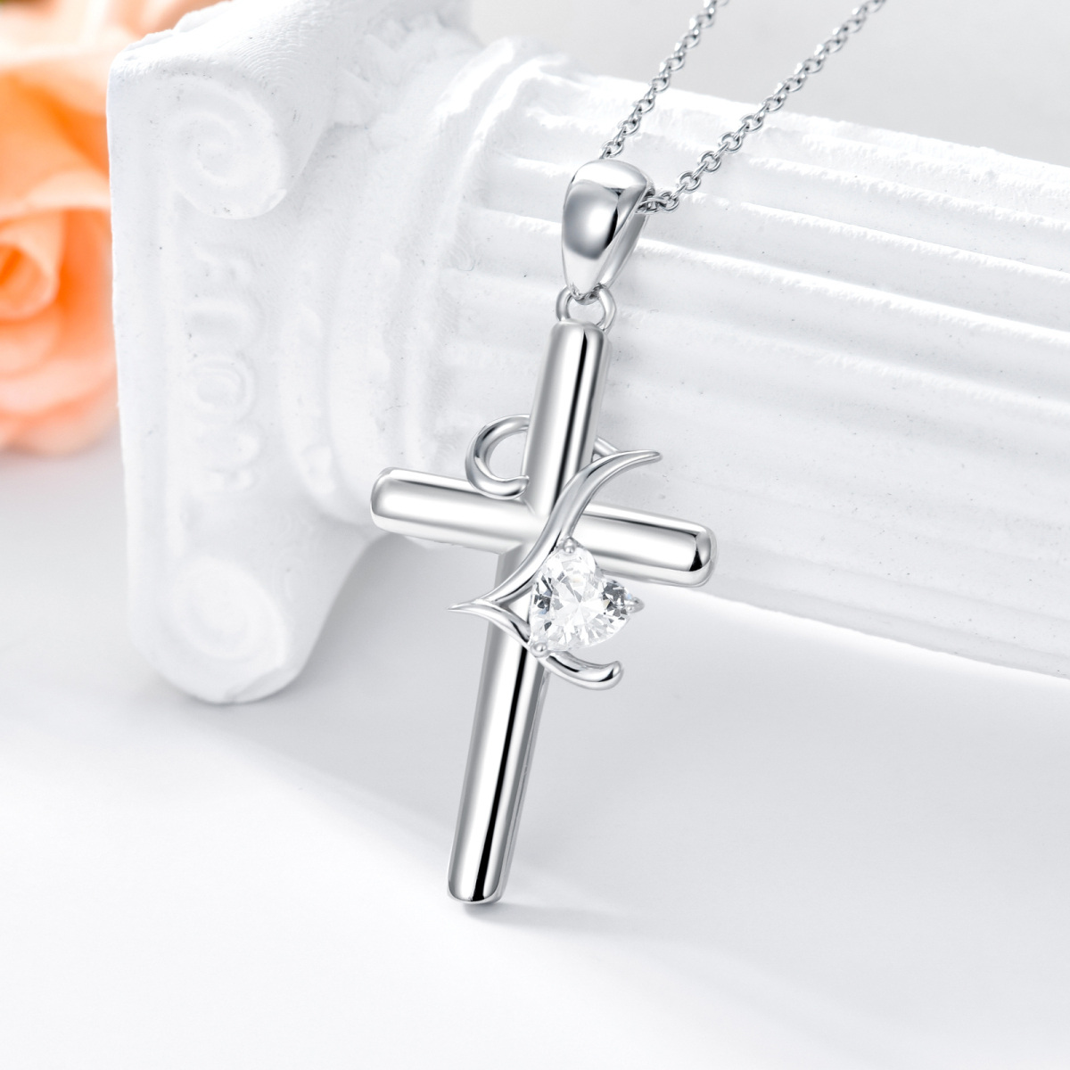 Sterling Silver Heart Shaped Cubic Zirconia Cross Pendant Necklace with Initial Letter L-3