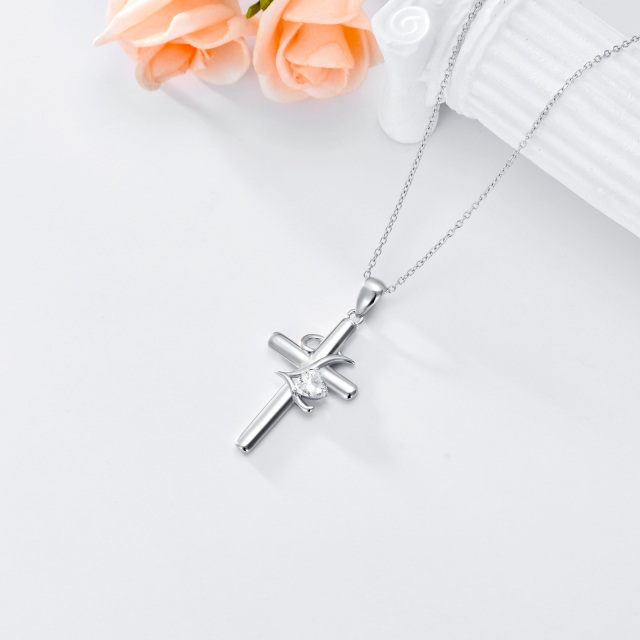 Sterling Silver Heart Shaped Cubic Zirconia Cross Pendant Necklace with Initial Letter L-4