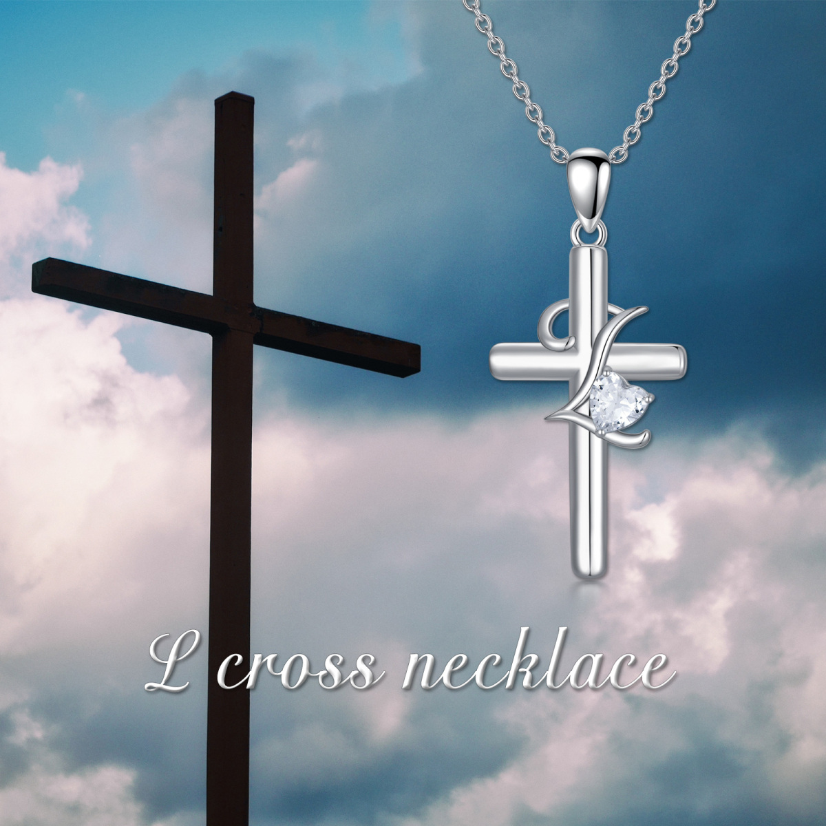 Sterling Silver Heart Shaped Cubic Zirconia Cross Pendant Necklace with Initial Letter L-6