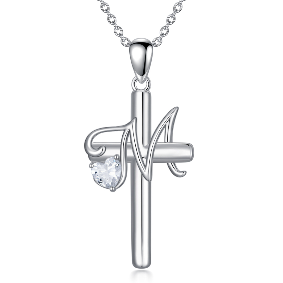 Sterling Silver Heart Shaped Cubic Zirconia Cross Pendant Necklace with Initial Letter M-1