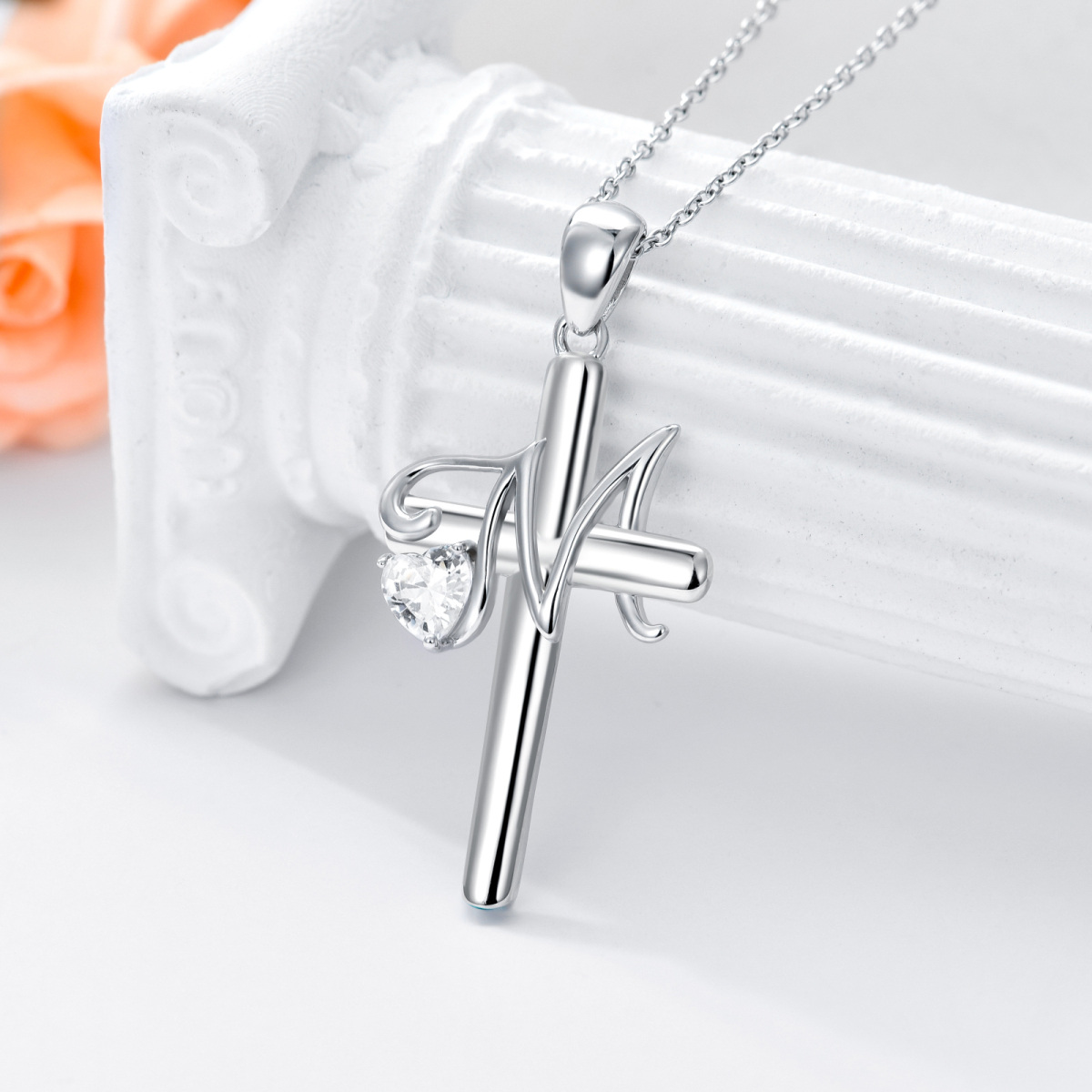 Sterling Silver Heart Shaped Cubic Zirconia Cross Pendant Necklace with Initial Letter M-3