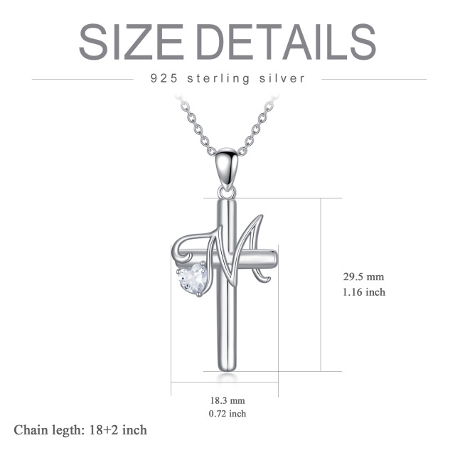 Sterling zilveren hartvormige cubic zirconia kruis hanger ketting met initiaal letter M-5