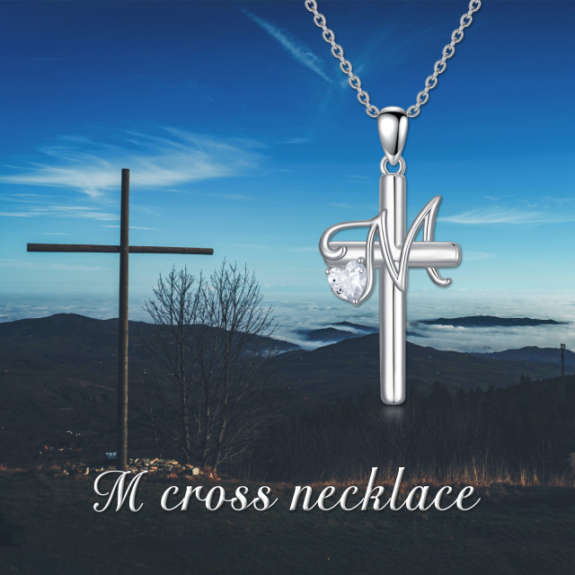 Sterling Silver Heart Shaped Cubic Zirconia Cross Pendant Necklace with Initial Letter M-6