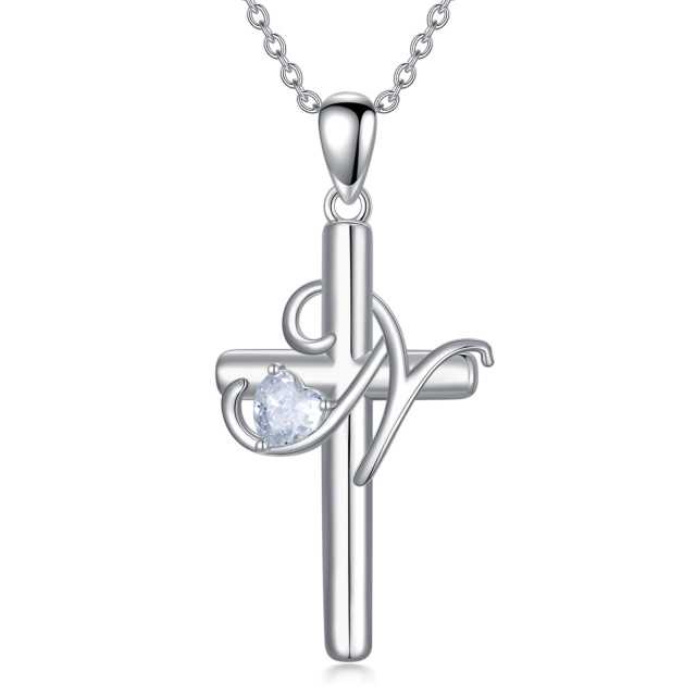 Sterling Silver Heart Shaped Cubic Zirconia Cross Pendant Necklace with Initial Letter N-1