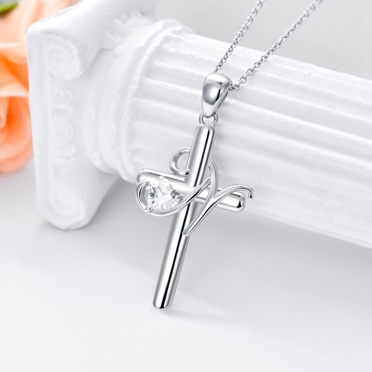 Sterling Silver Heart Shaped Cubic Zirconia Cross Pendant Necklace with Initial Letter N-3