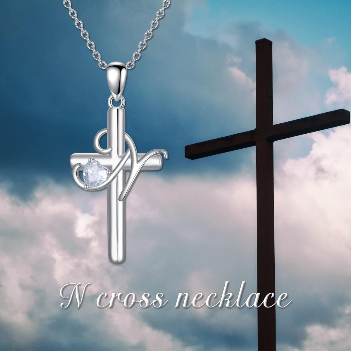 Sterling Silver Heart Shaped Cubic Zirconia Cross Pendant Necklace with Initial Letter N-6