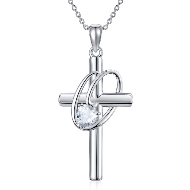 Sterling Silver Heart Shaped Cubic Zirconia Cross Pendant Necklace with Initial Letter O-1