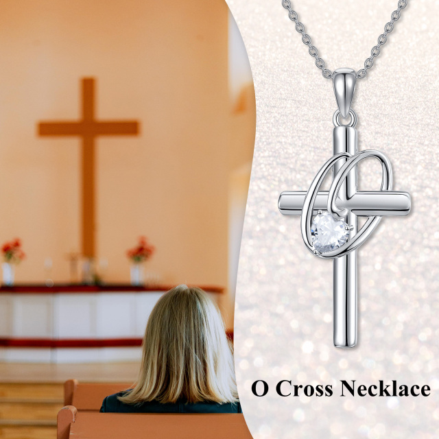 Sterling Silver Heart Shaped Cubic Zirconia Cross Pendant Necklace with Initial Letter O-6