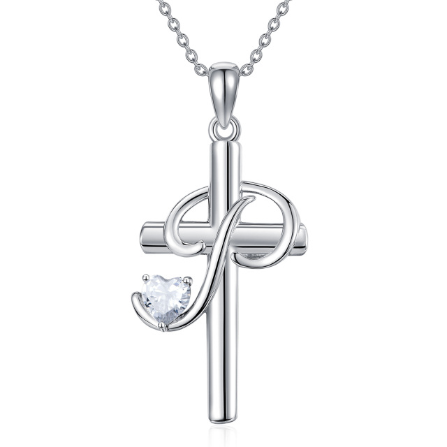 Sterling Silver Heart Shaped Cubic Zirconia Cross Pendant Necklace with Initial Letter P-1