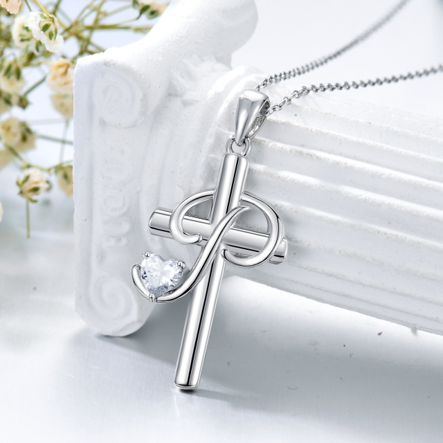 Sterling Silver Heart Shaped Cubic Zirconia Cross Pendant Necklace with Initial Letter P-4