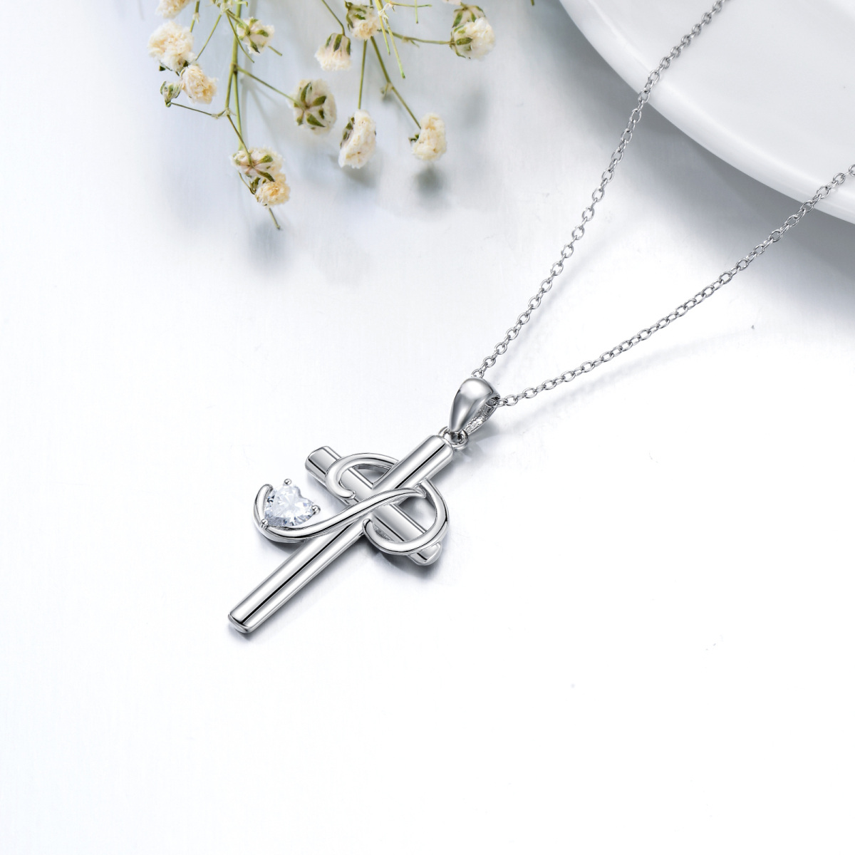 Sterling Silver Heart Shaped Cubic Zirconia Cross Pendant Necklace with Initial Letter P-5