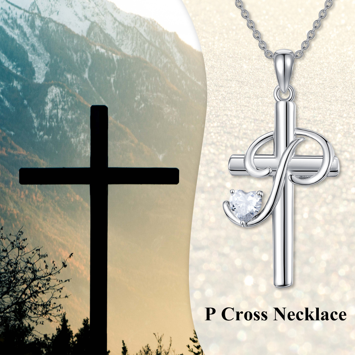 Sterling Silver Heart Shaped Cubic Zirconia Cross Pendant Necklace with Initial Letter P-6