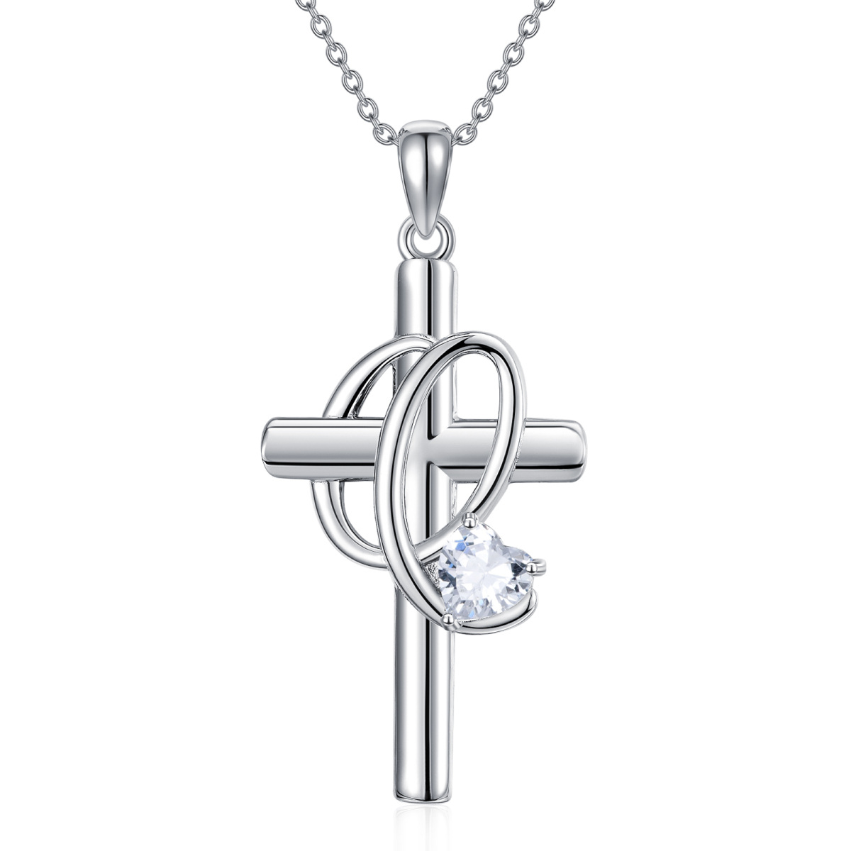 Sterling Silver Heart Shaped Cubic Zirconia Cross Pendant Necklace with Initial Letter Q-1