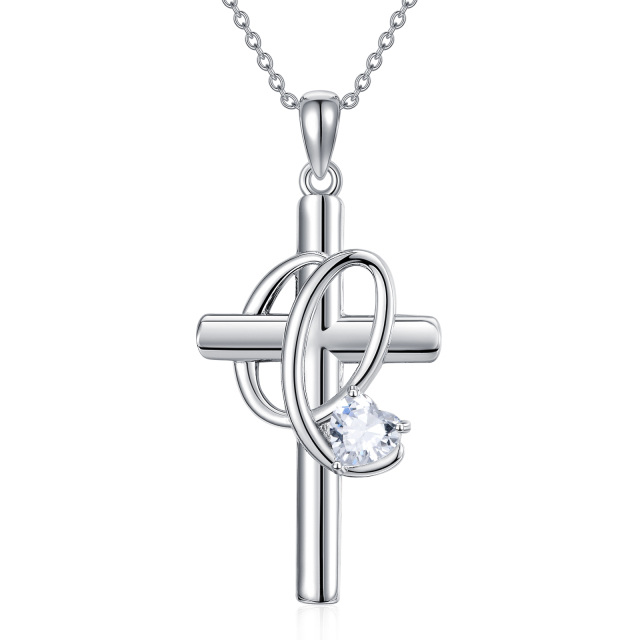 Sterling Silver Heart Shaped Cubic Zirconia Cross Pendant Necklace with Initial Letter Q-1