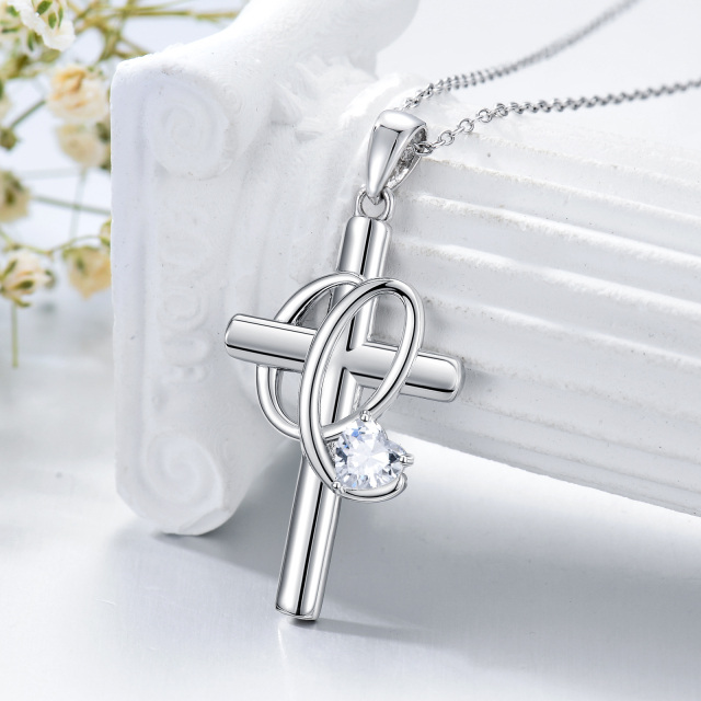 Sterling Silver Heart Shaped Cubic Zirconia Cross Pendant Necklace with Initial Letter Q-3