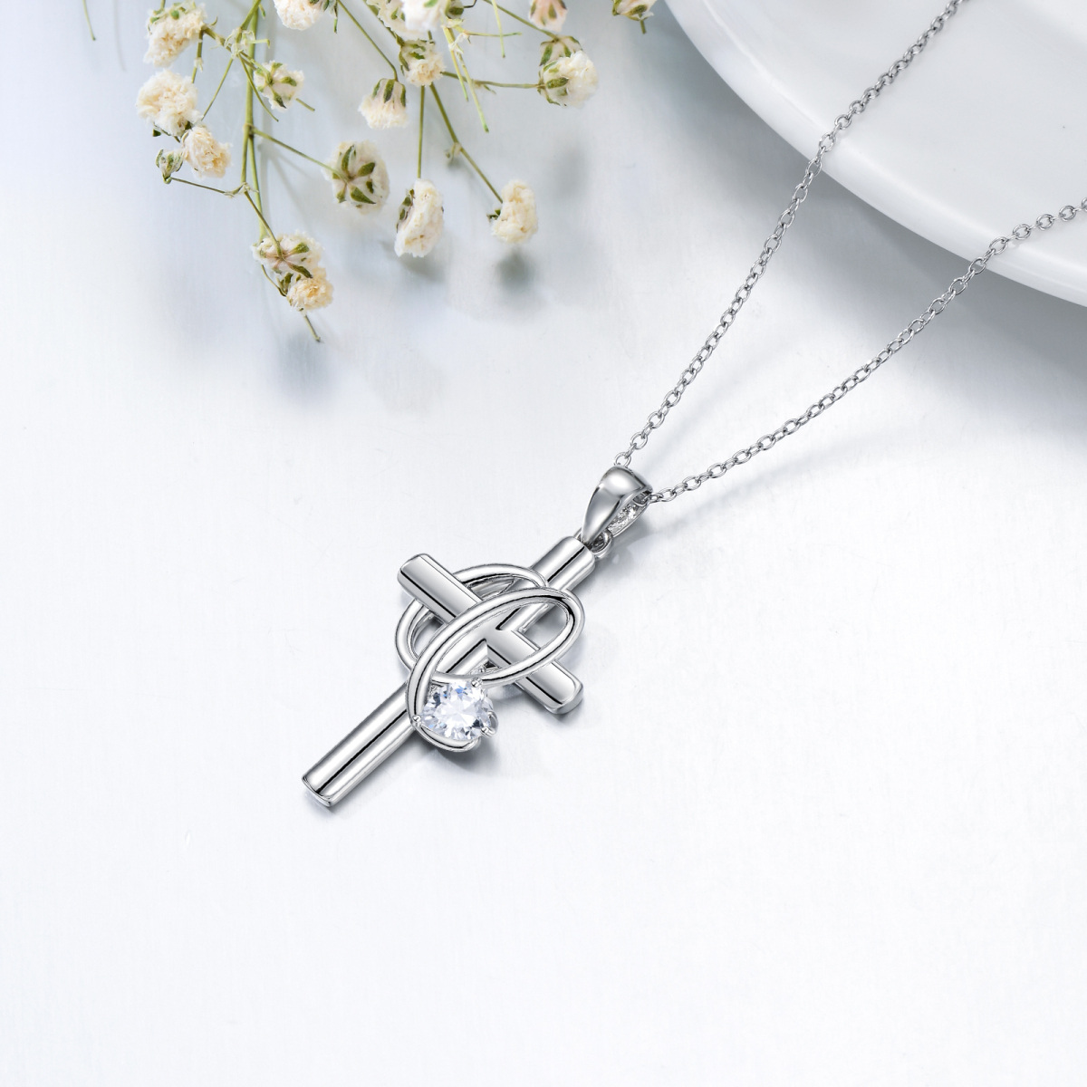 Sterling Silver Heart Shaped Cubic Zirconia Cross Pendant Necklace with Initial Letter Q-4