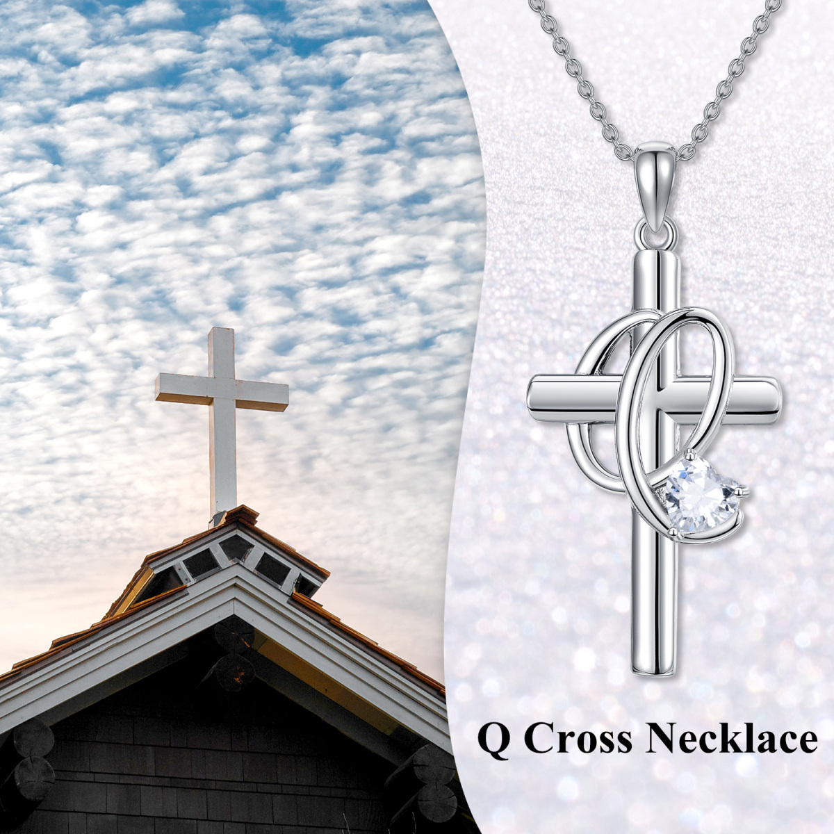 Sterling Silver Heart Shaped Cubic Zirconia Cross Pendant Necklace with Initial Letter Q-6