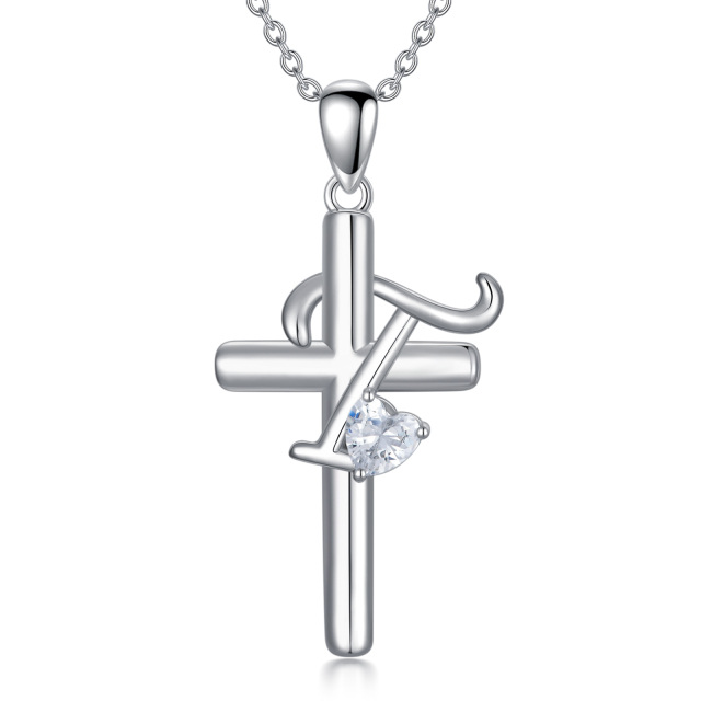 Sterling Silver Heart Shaped Cubic Zirconia Cross Pendant Necklace with Initial Letter T-1