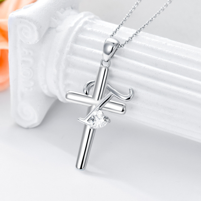 Sterling Silber Herz geformt Cubic Zirkonia Kreuz Anhänger Halskette mit Initial Buchstabe-3