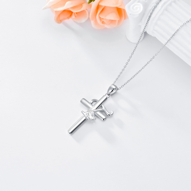 Sterling Silver Heart Shaped Cubic Zirconia Cross Pendant Necklace with Initial Letter T-4