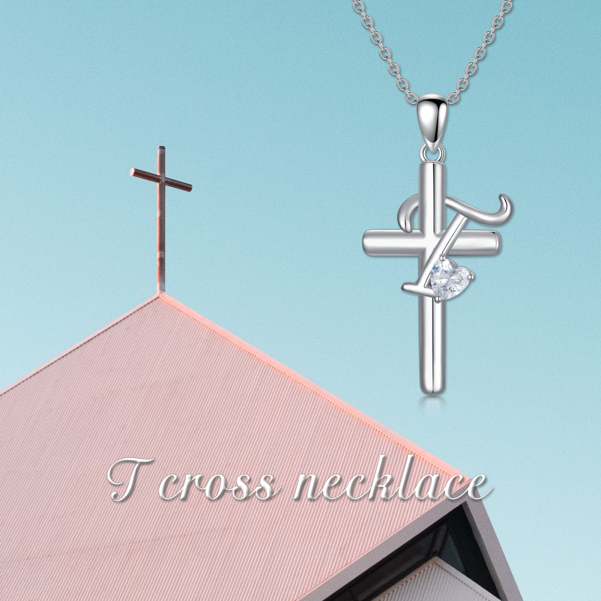 Sterling Silver Heart Shaped Cubic Zirconia Cross Pendant Necklace with Initial Letter T-6