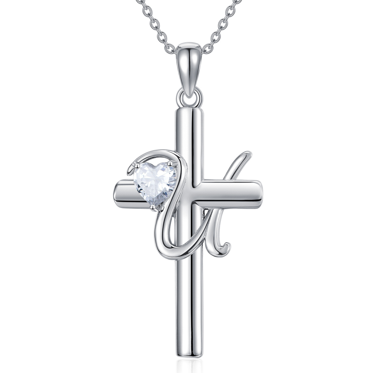 Sterling Silver Heart Shaped Cubic Zirconia Cross Pendant Necklace with Initial Letter U-1