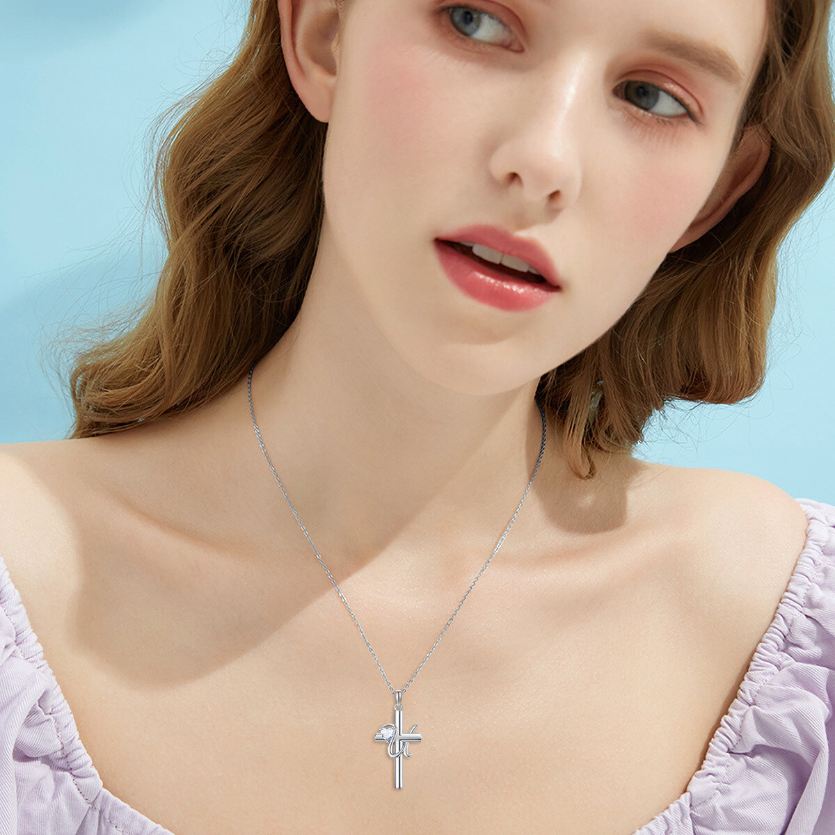 Sterling Silver Heart Shaped Cubic Zirconia Cross Pendant Necklace with Initial Letter U-2