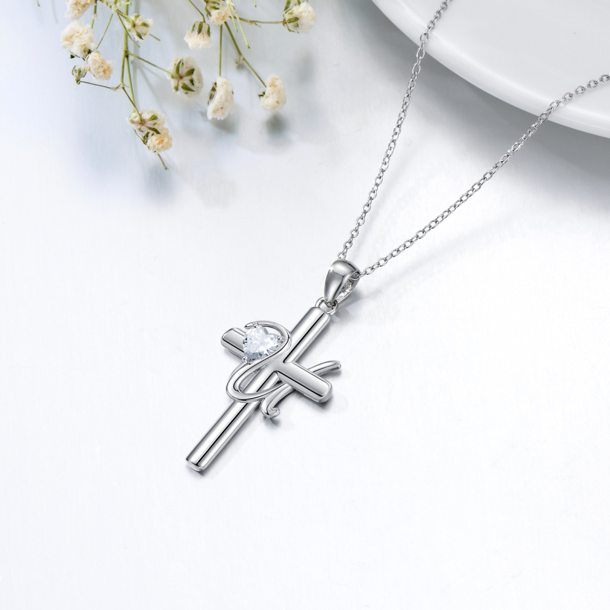 Sterling Silver Heart Shaped Cubic Zirconia Cross Pendant Necklace with Initial Letter U-3