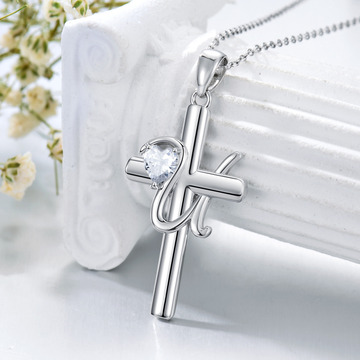 Sterling Silver Heart Shaped Cubic Zirconia Cross Pendant Necklace with Initial Letter U-4