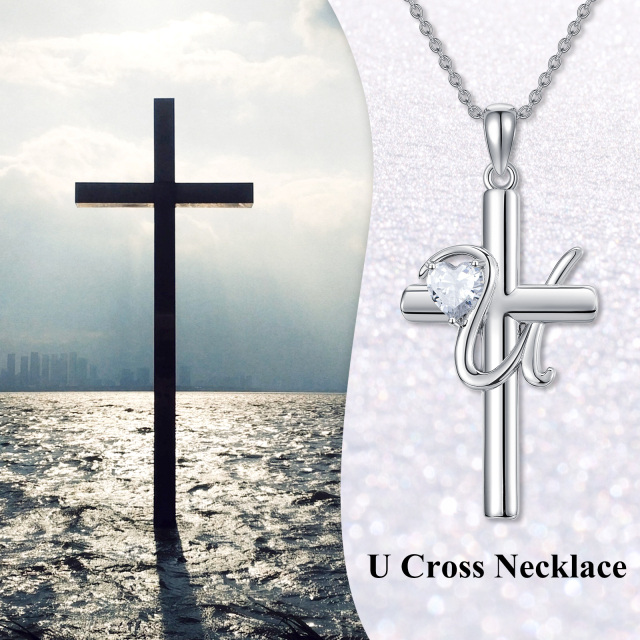 Sterling Silver Heart Shaped Cubic Zirconia Cross Pendant Necklace with Initial Letter U-6