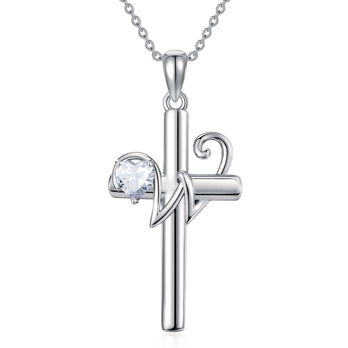 Sterling Silver Heart Shaped Cubic Zirconia Cross Pendant Necklace with Initial Letter W-1