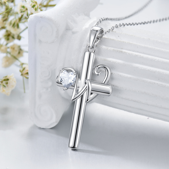 Sterling Silver Heart Shaped Cubic Zirconia Cross Pendant Necklace with Initial Letter W-3