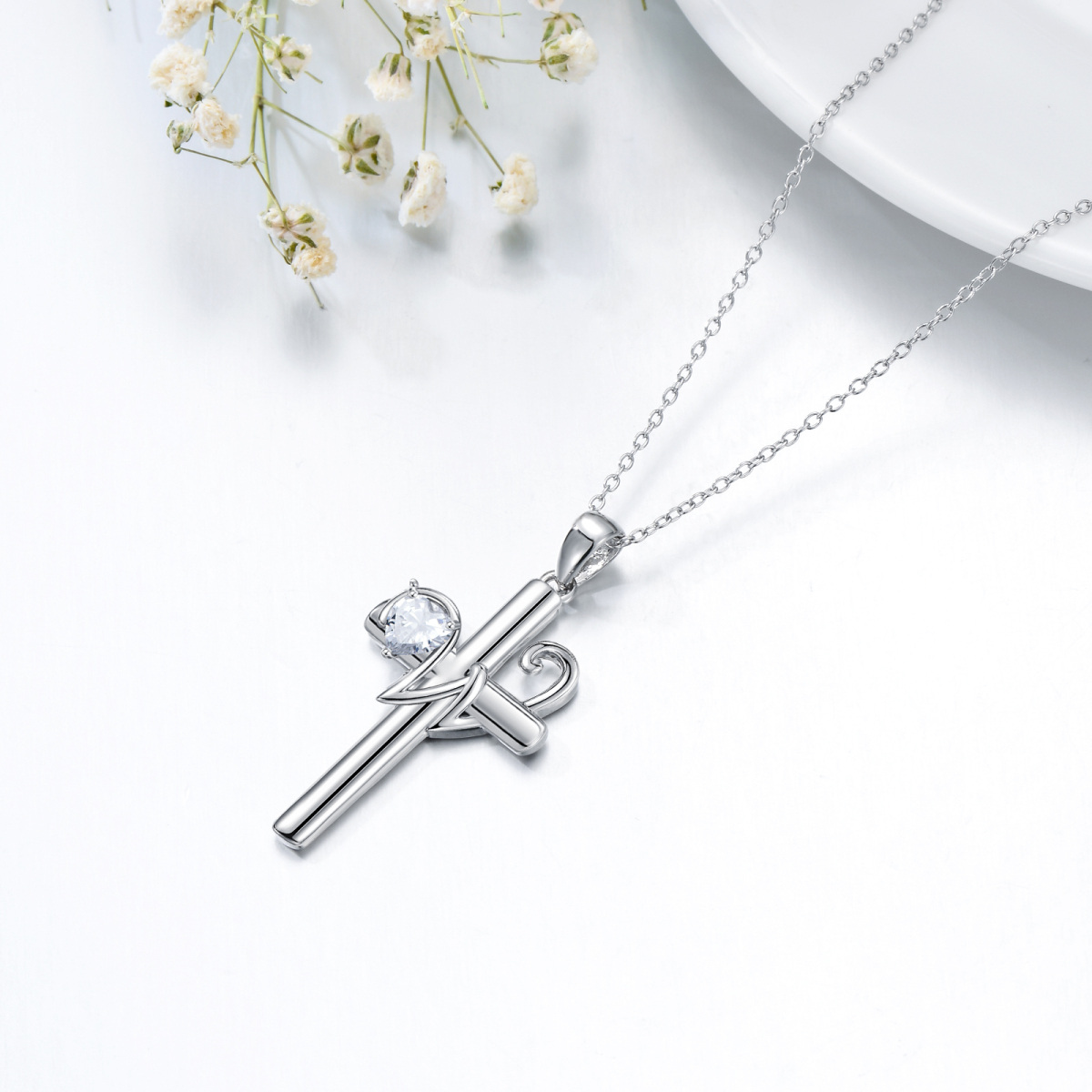 Sterling Silver Heart Shaped Cubic Zirconia Cross Pendant Necklace with Initial Letter W-4