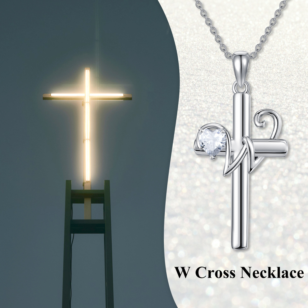 Sterling Silver Heart Shaped Cubic Zirconia Cross Pendant Necklace with Initial Letter W-6