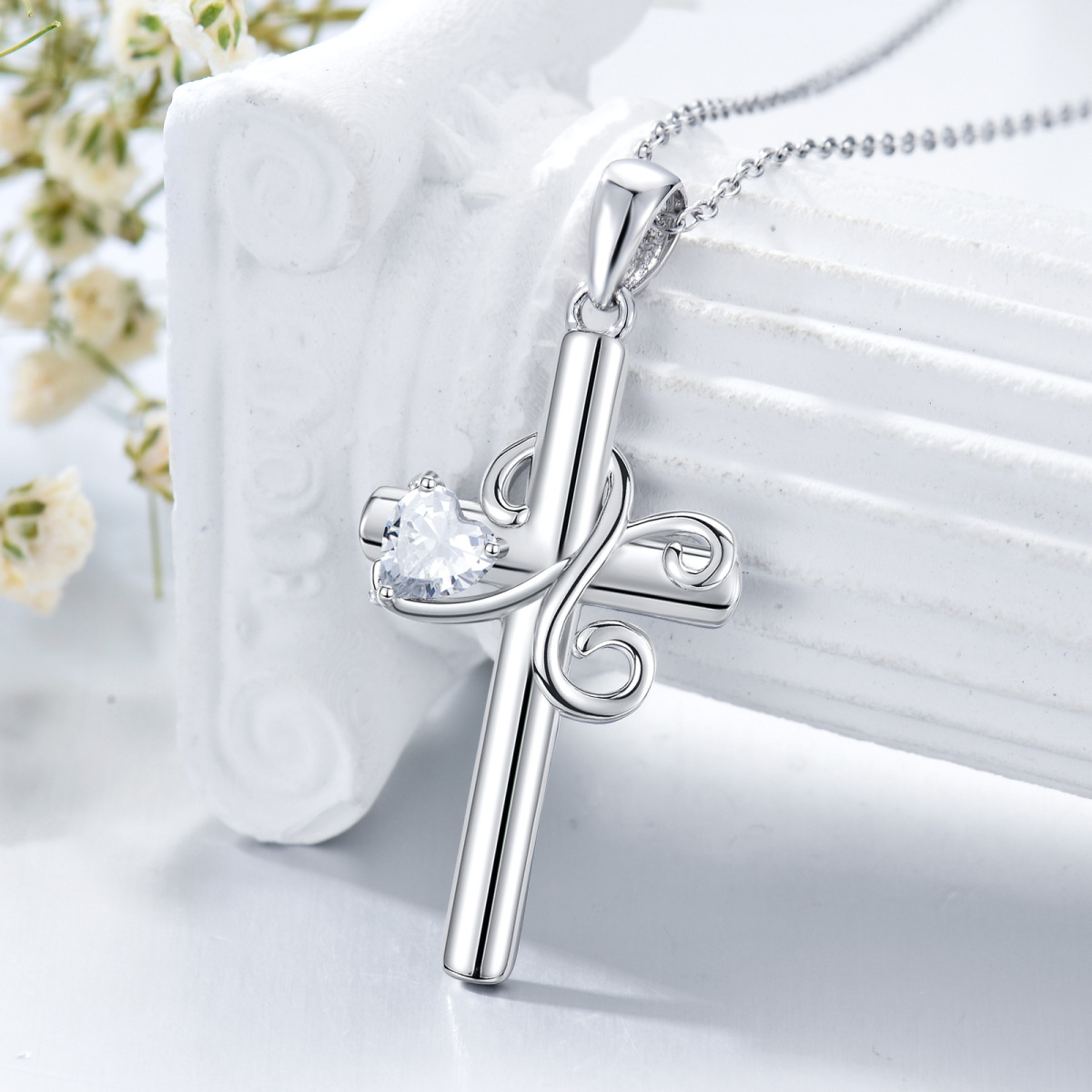 Sterling Silver Heart Shaped Cubic Zirconia Cross Pendant Necklace with Initial Letter X-3