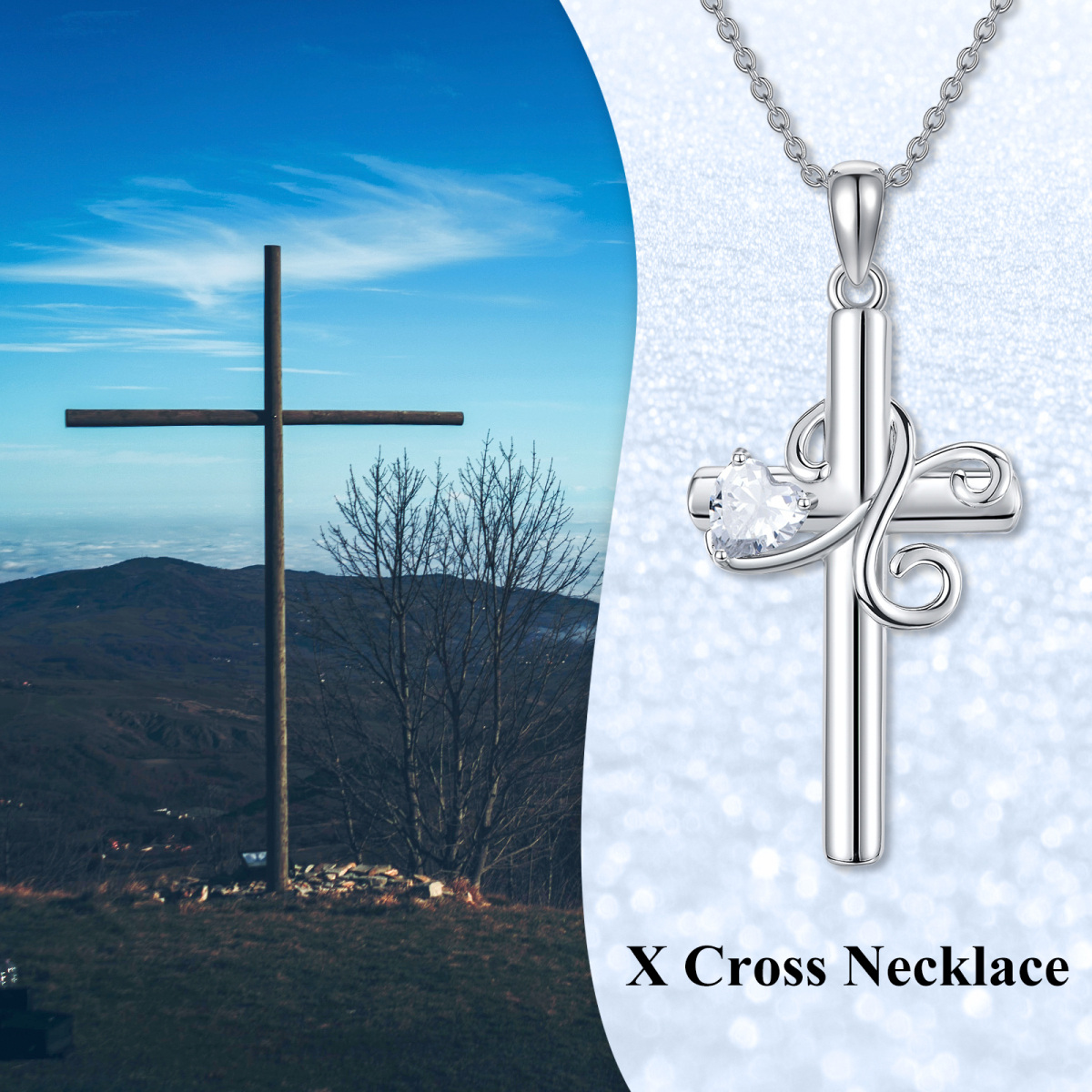 Sterling Silver Heart Shaped Cubic Zirconia Cross Pendant Necklace with Initial Letter X-6