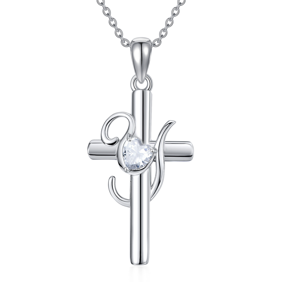 Sterling Silver Heart Shaped Cubic Zirconia Cross Pendant Necklace with Initial Letter Y-1