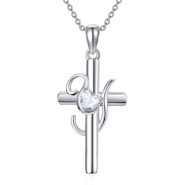 Sterling Silver Heart Shaped Cubic Zirconia Cross Pendant Necklace with Initial Letter Y-1