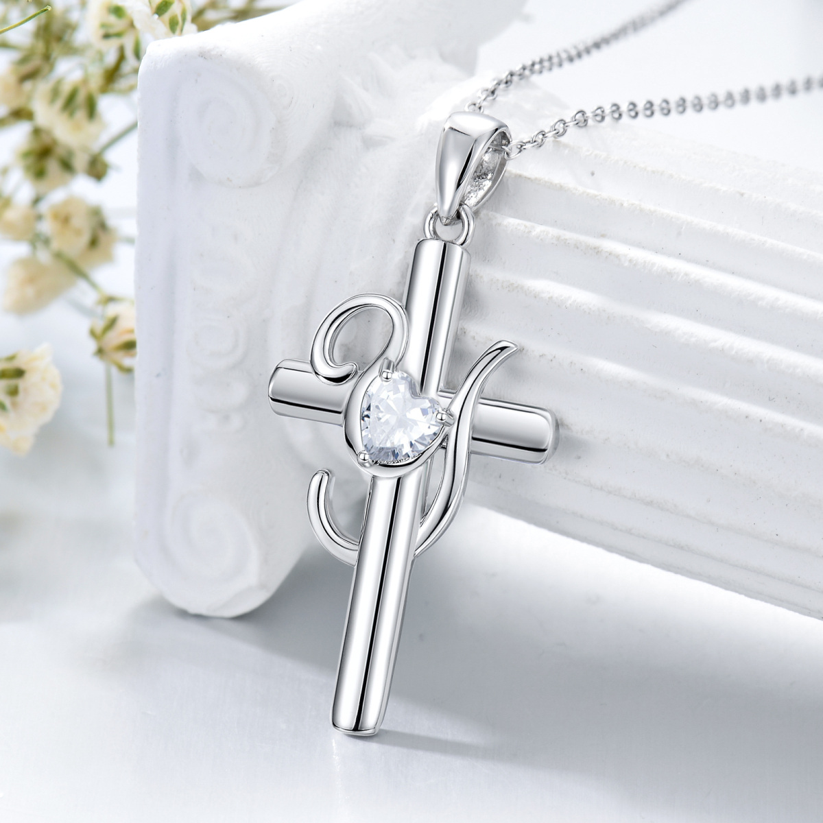 Sterling Silver Heart Shaped Cubic Zirconia Cross Pendant Necklace with Initial Letter Y-3