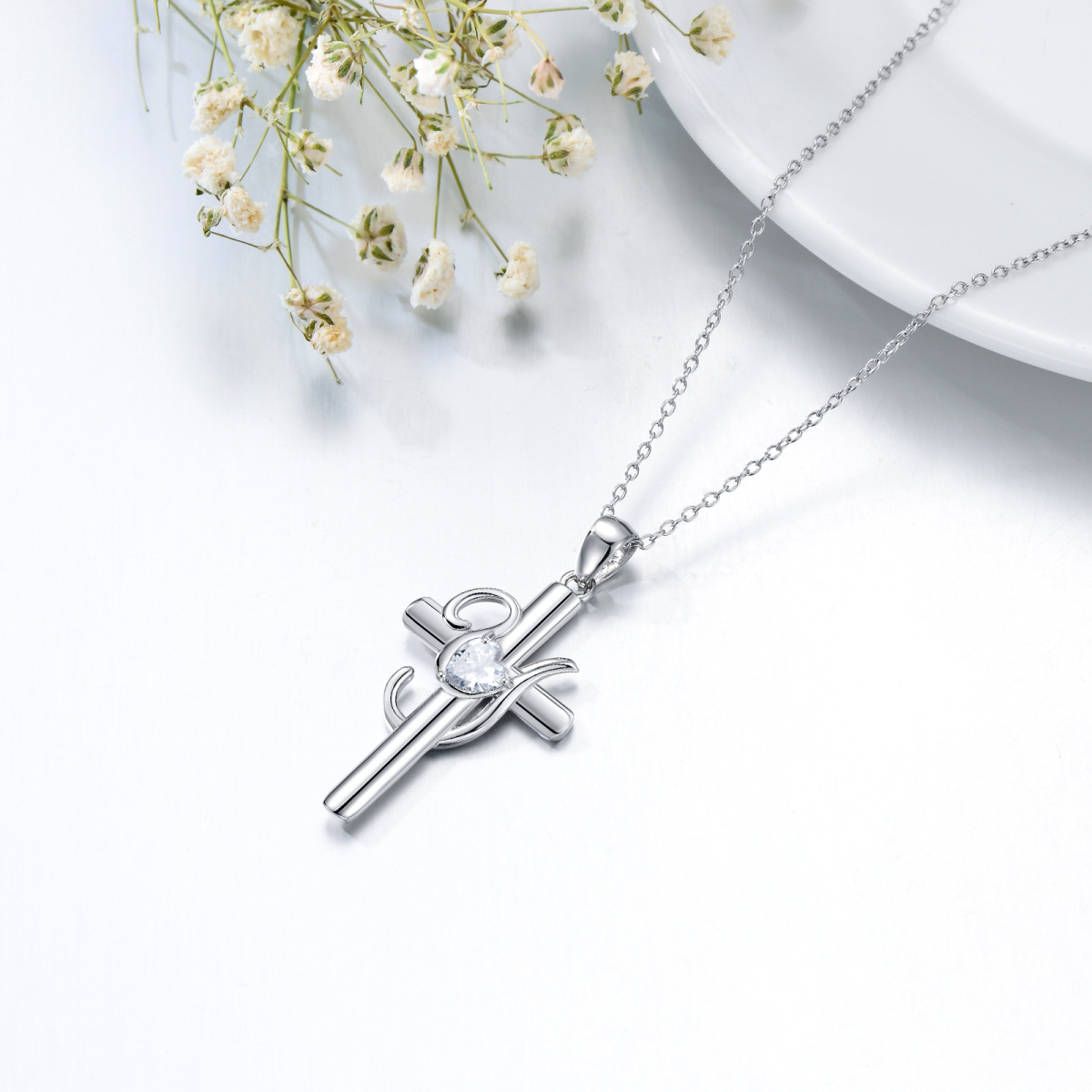 Sterling Silver Heart Shaped Cubic Zirconia Cross Pendant Necklace with Initial Letter Y-4