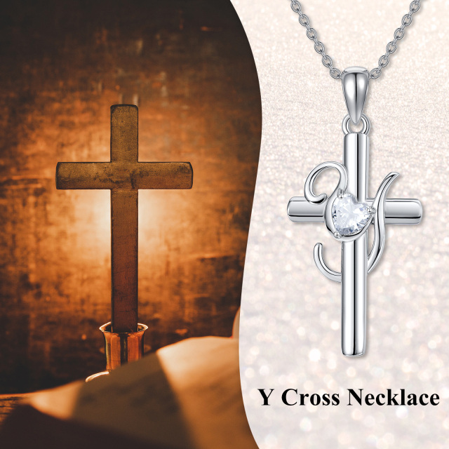 Sterling Silver Heart Shaped Cubic Zirconia Cross Pendant Necklace with Initial Letter Y-6