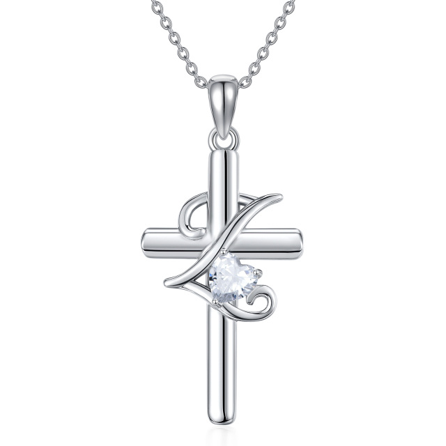 Sterling Silver Heart Shaped Cubic Zirconia Cross Pendant Necklace with Initial Letter Z-1