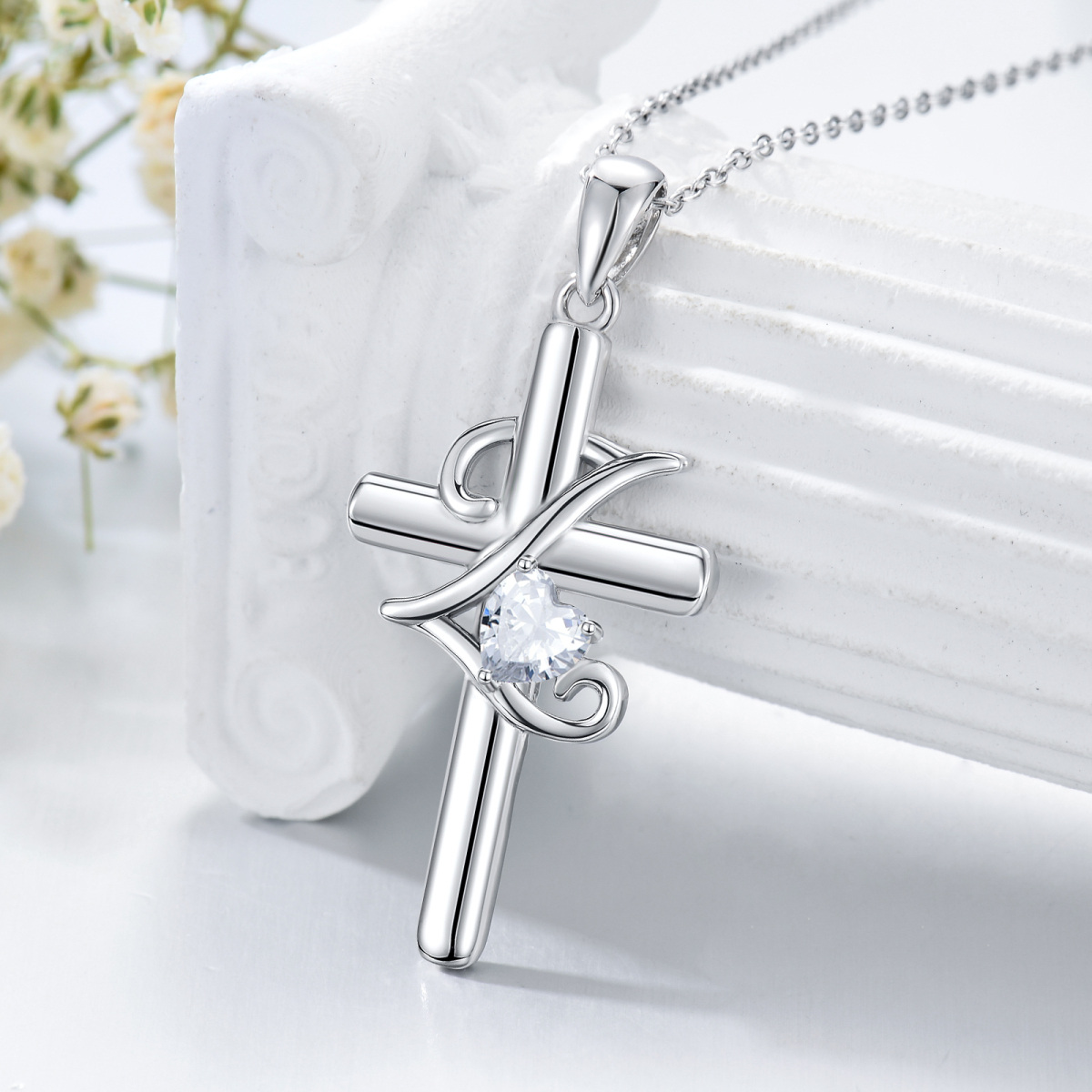 Sterling Silver Heart Shaped Cubic Zirconia Cross Pendant Necklace with Initial Letter Z-3