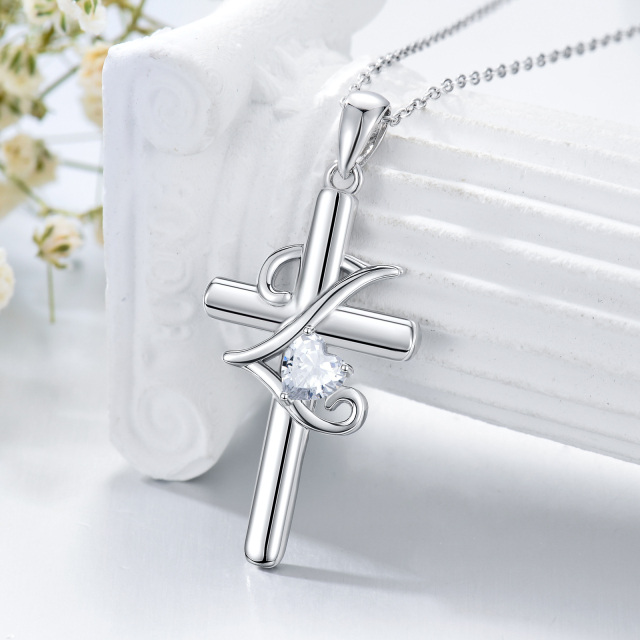 Sterling Silber Herz geformt Cubic Zirkonia Kreuz Anhänger Halskette mit Anfangsbuchstabe-3