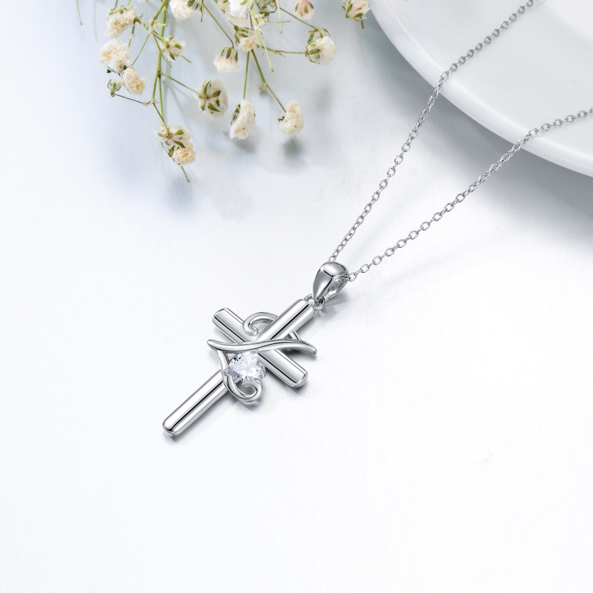 Sterling Silver Heart Shaped Cubic Zirconia Cross Pendant Necklace with Initial Letter Z-4