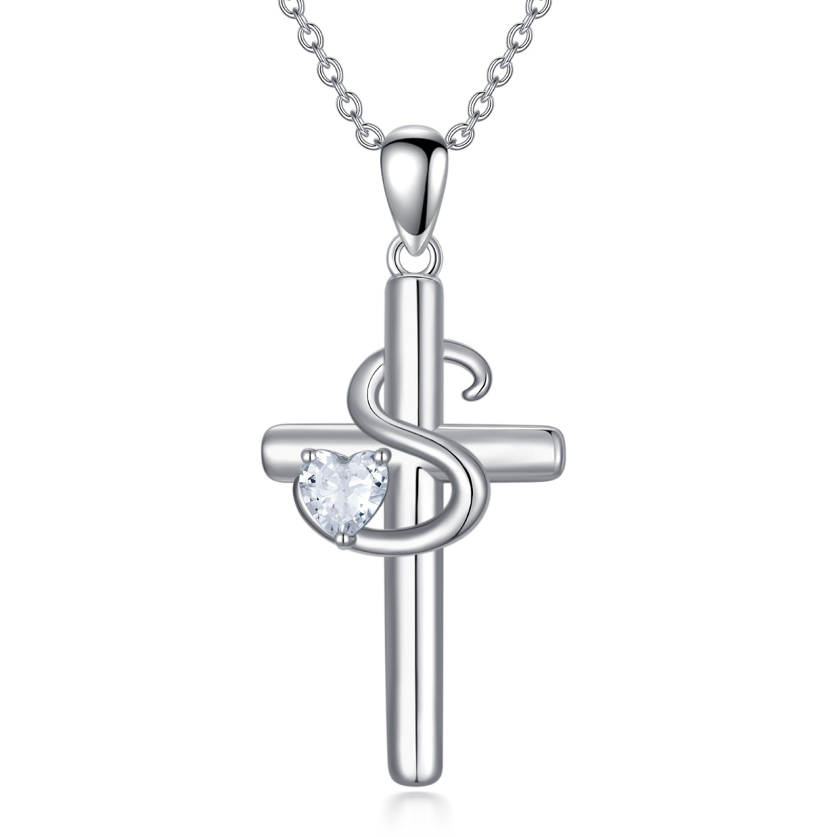 Sterling Silver Heart Shaped Cubic Zirconia Cross Pendant Necklace with Initial Letter S-1