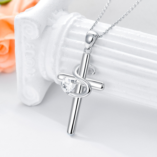 Sterling Silver Heart Shaped Cubic Zirconia Cross Pendant Necklace with Initial Letter S-3