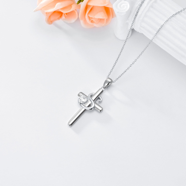 Sterling Silver Heart Shaped Cubic Zirconia Cross Pendant Necklace with Initial Letter S-4